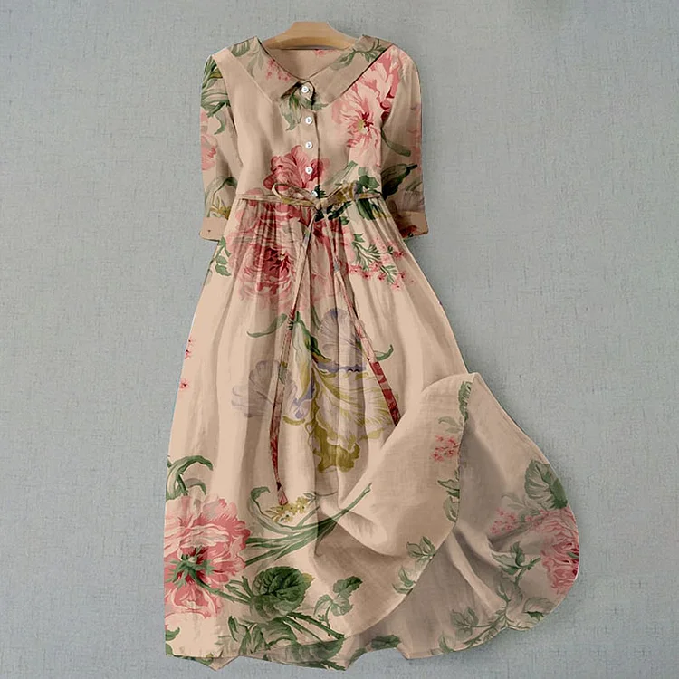 Ziska | Vintage bloemige midi-jurk - geknoopte taille, halve mouwen, vloeiende pasvorm