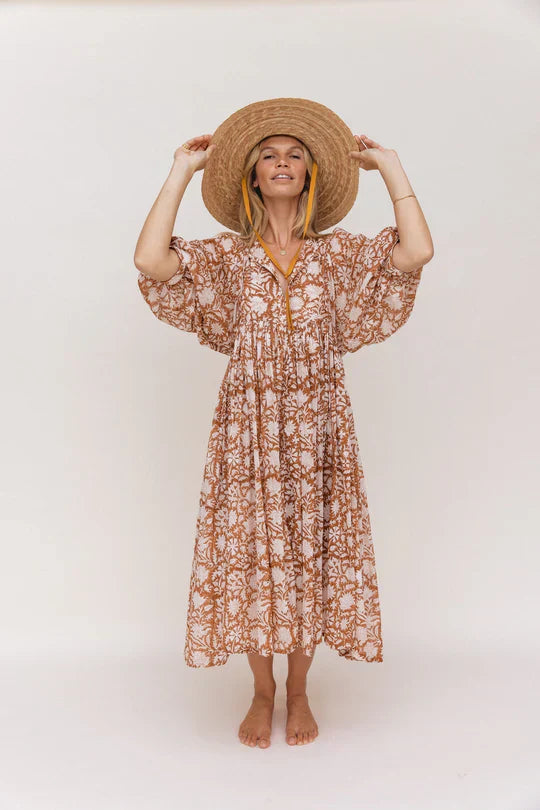 Taylen | Boho Babydoll Midi Jurk - Bloemenprint, Lichtgewicht Zomerstijl