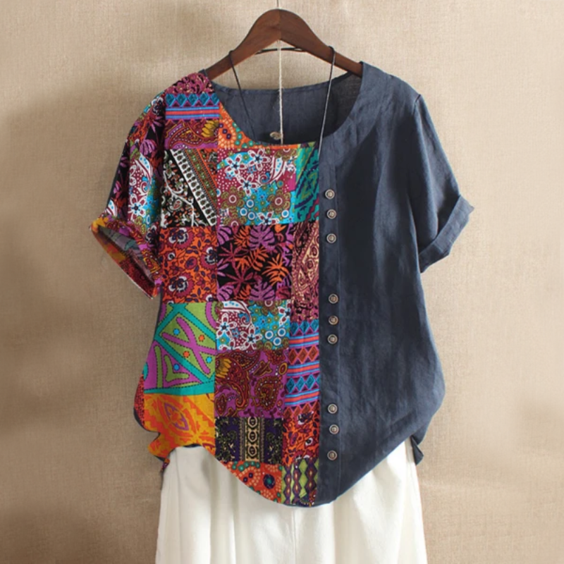 Natacha | Blouse met abstracte patchworkprint voor dames - korte mouwen, lichtgewicht