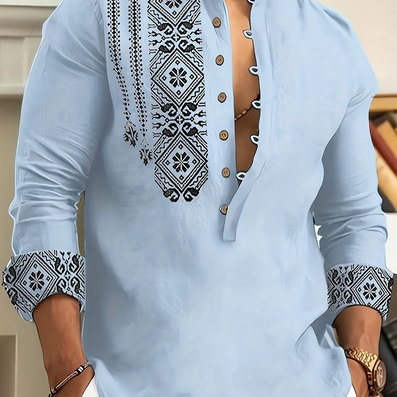 Valdemar | Heren Henley Overhemd met lange mouwen - Geometrisch patroon, Staande kraag