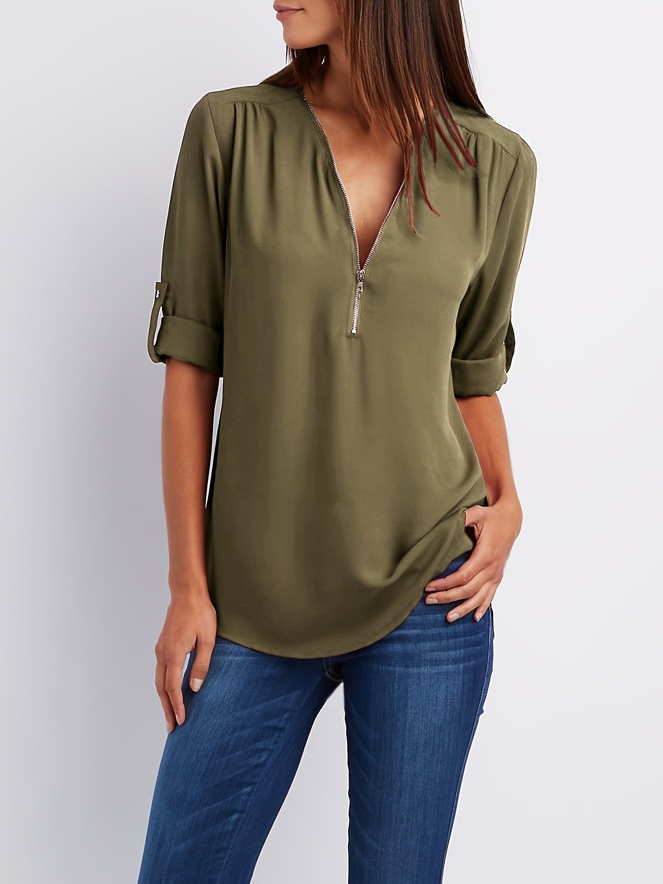 Veridiana | Damesblouse met V-hals en halve rits - Casual mouwen met gerimpelde mouwen, elegant en ademend