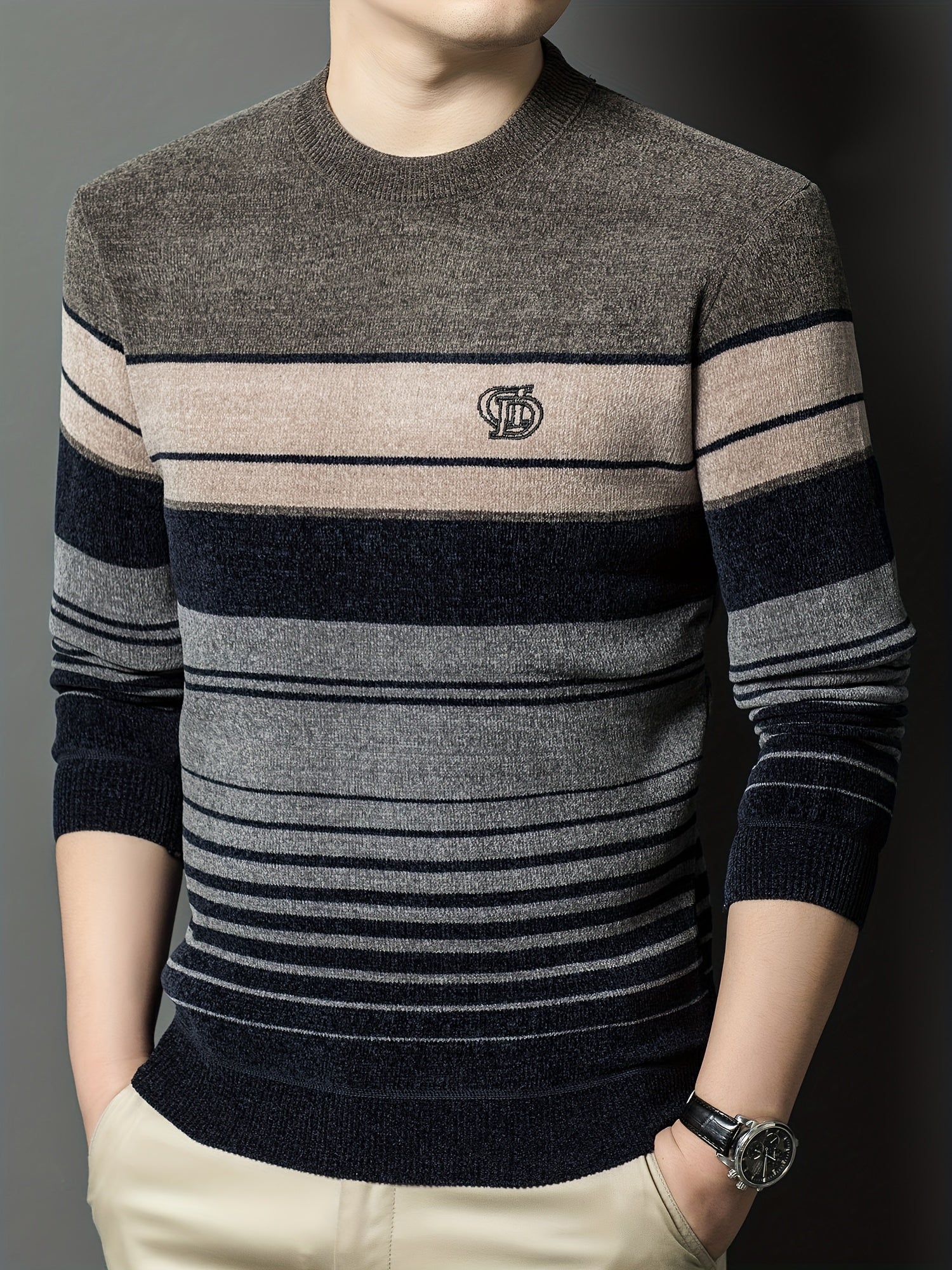 Dagursson | Thermische fleece gevoerde wintertrui voor heren – Warme gestreepte gebreide pullover