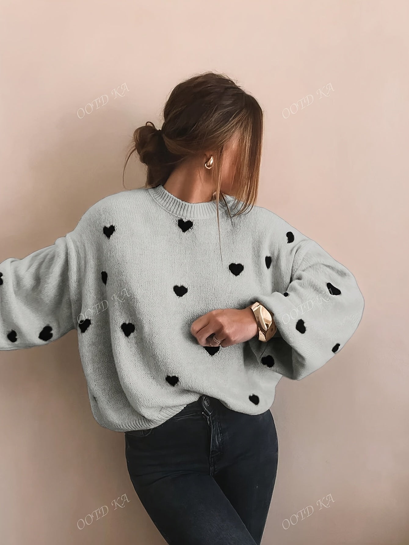 Othilie | Dames trui met hartjespatroon – Comfortabele trui, losvallende casual herfst-/wintertrui