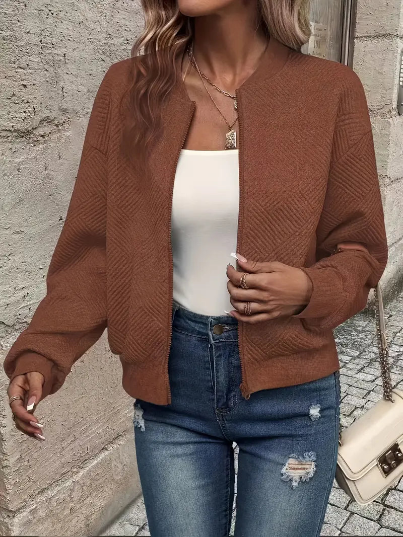 Alyana | Damesvest met ritssluiting en structuurbreisel – Sweaterjasje met lange mouwen en geribde zoom