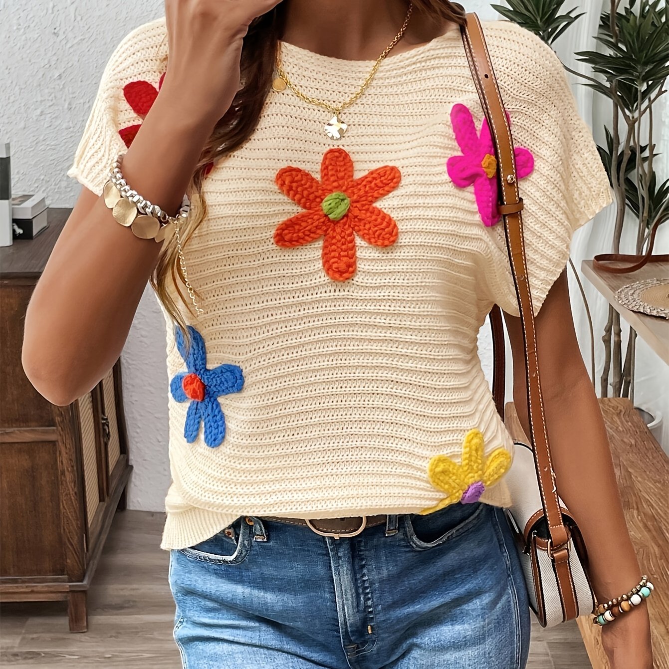 Ozara | Geborduurde damesblouse met 3D bloemen - Elegante gebreide viscose top