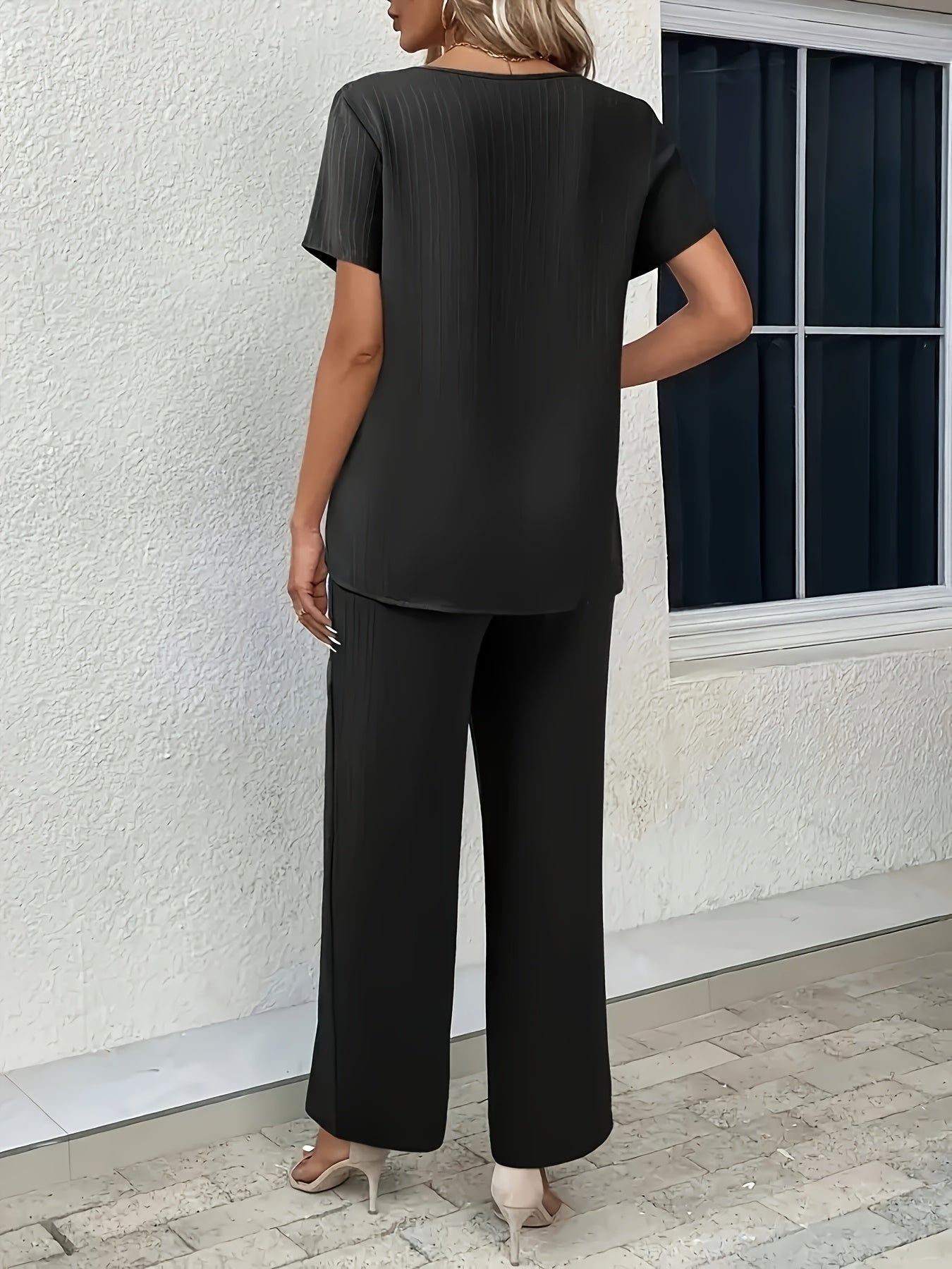 Renara | Tweedelige damesset - Asymmetrische top met korte mouwen en wijde broek, casual, chique outfit