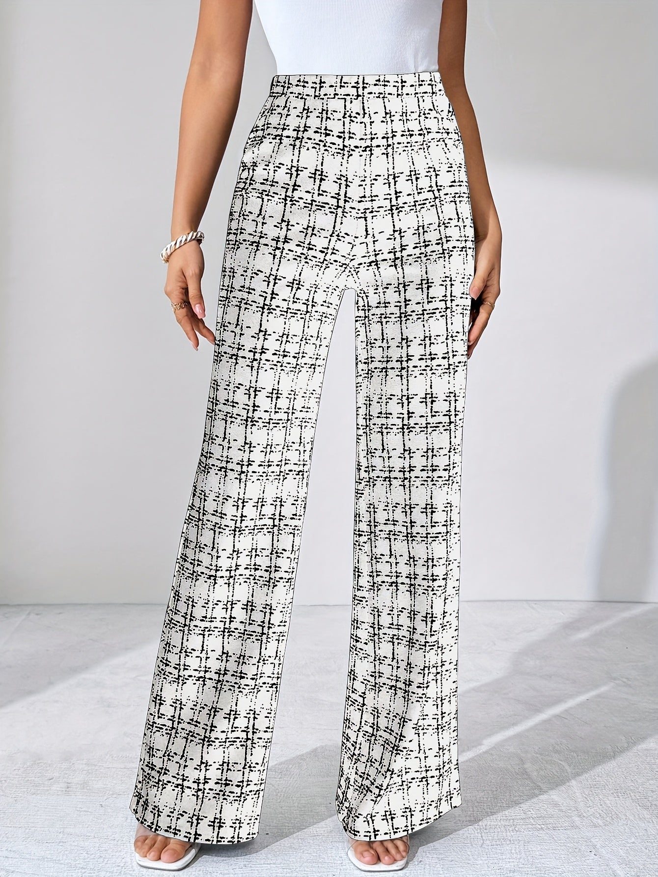 Laverna | Hoge taille geruite tweed flare broek voor dames – Rekbare casual broek met wijde pijpen