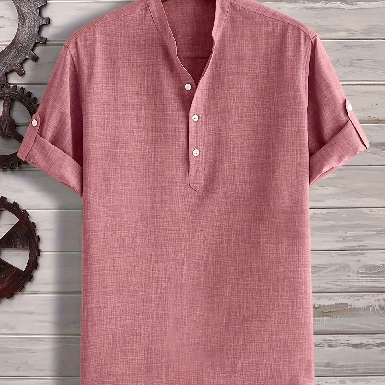 Rezso | Heren Katoen Linnen Henley Overhemd met Korte Mouw - Zomers Casual Overhemd