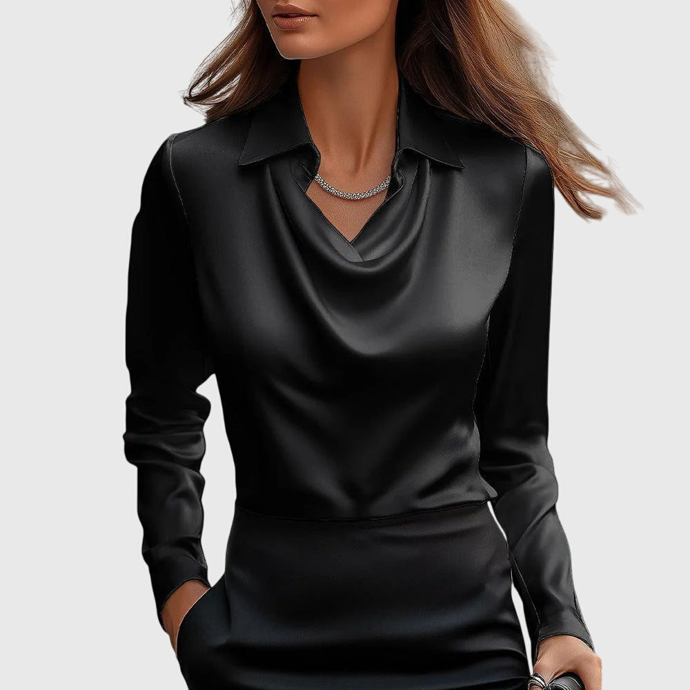 Amelthra | Elegante satijnen blouse met lange mouwen voor dames, gedrapeerd shirt met swingkraag