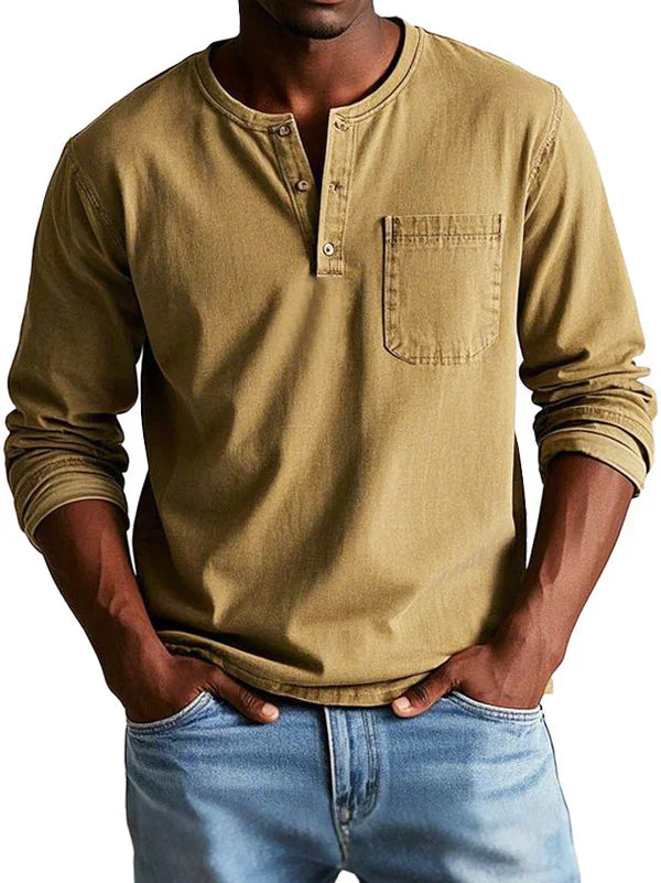 Bronic | Heren Vintage shirt met lange mouwen - Ronde hals, halve knoopsluiting, gewassen casual shirt