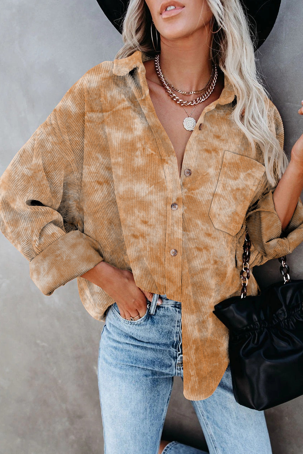 Delyra | Damesshirt in corduroy met tie-dye - Oversized, Lange mouwen, Knoopsluiting - casual top