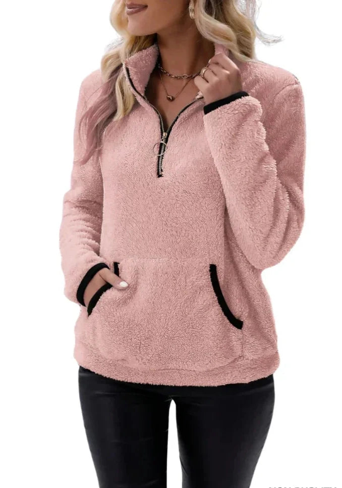Eilina | Sherpa-trui, pullover met hoge kraag en halve ritssluiting – zachte, warme, comfortabele wintertop