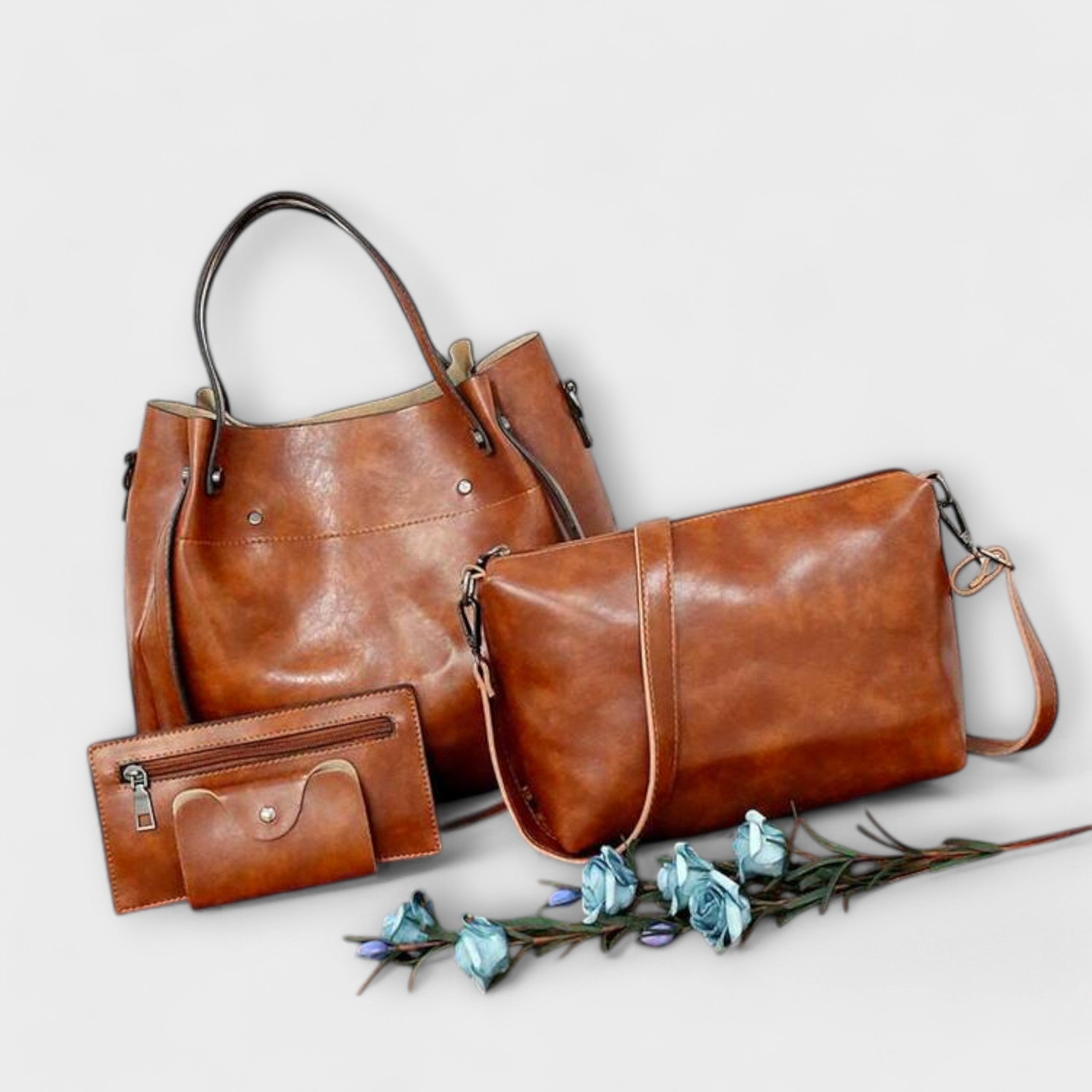 Bagvana | 4-delige vintage lederen tassen set – handtas, schoudertas, portemonnee en etui voor dames