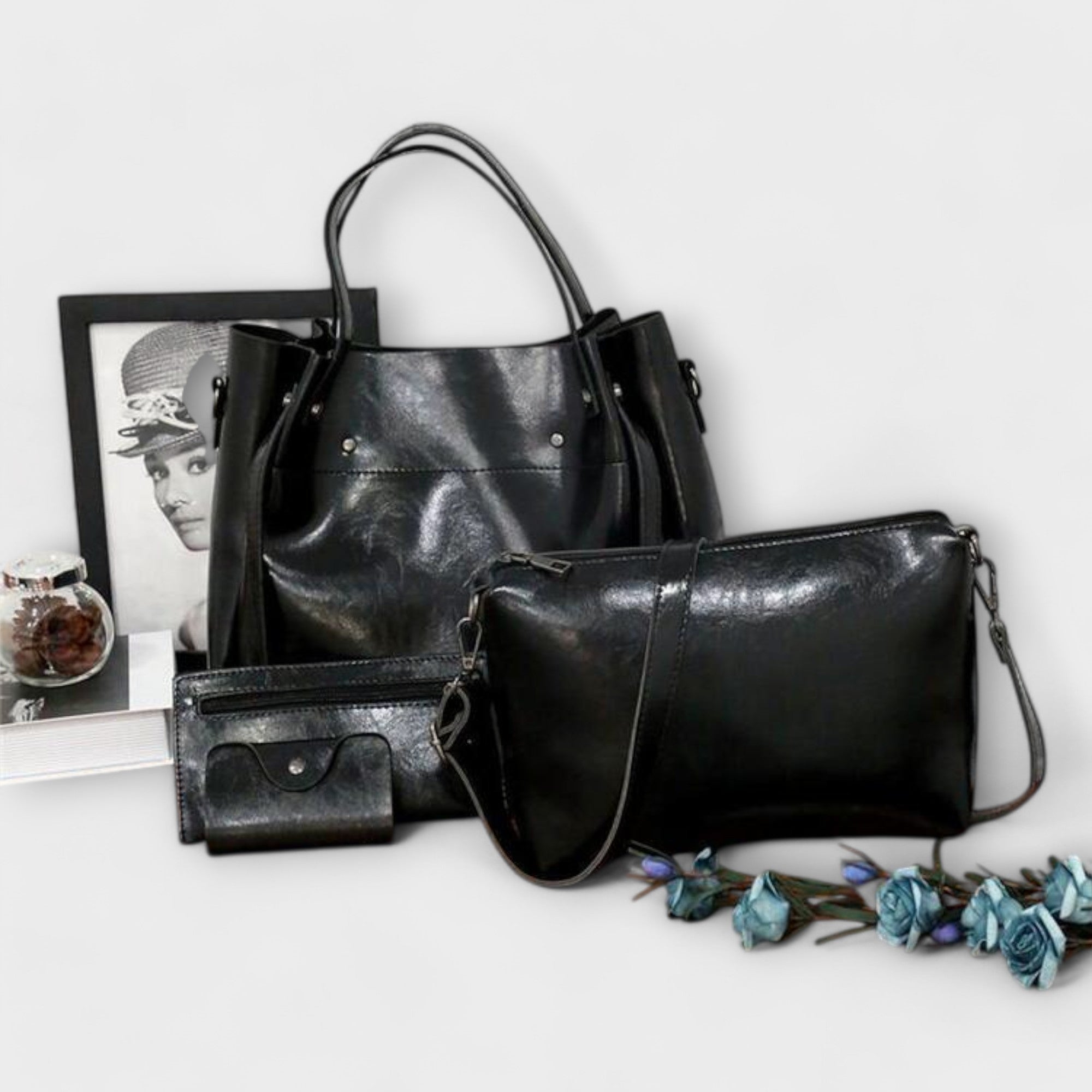 Bagvana | 4-delige vintage lederen tassen set – handtas, schoudertas, portemonnee en etui voor dames