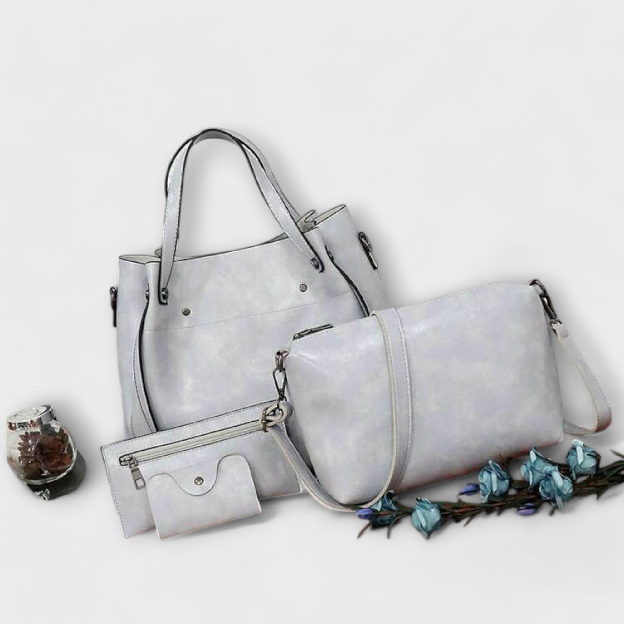 Bagvana | 4-delige vintage lederen tassen set – handtas, schoudertas, portemonnee en etui voor dames