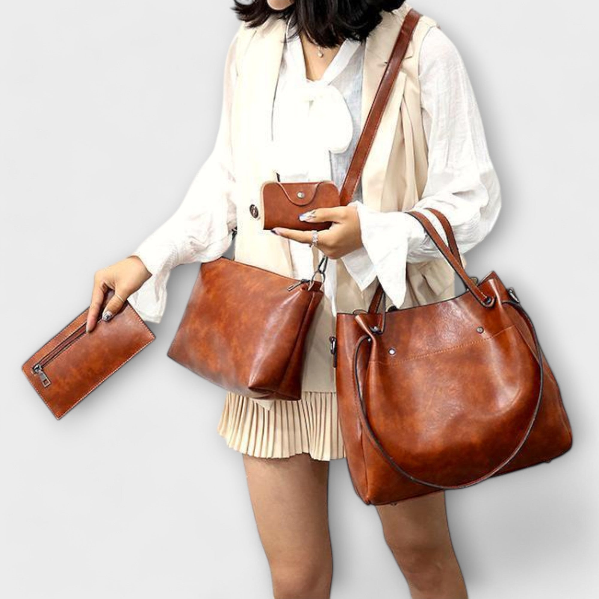 Bagvana | 4-delige vintage lederen tassen set – handtas, schoudertas, portemonnee en etui voor dames