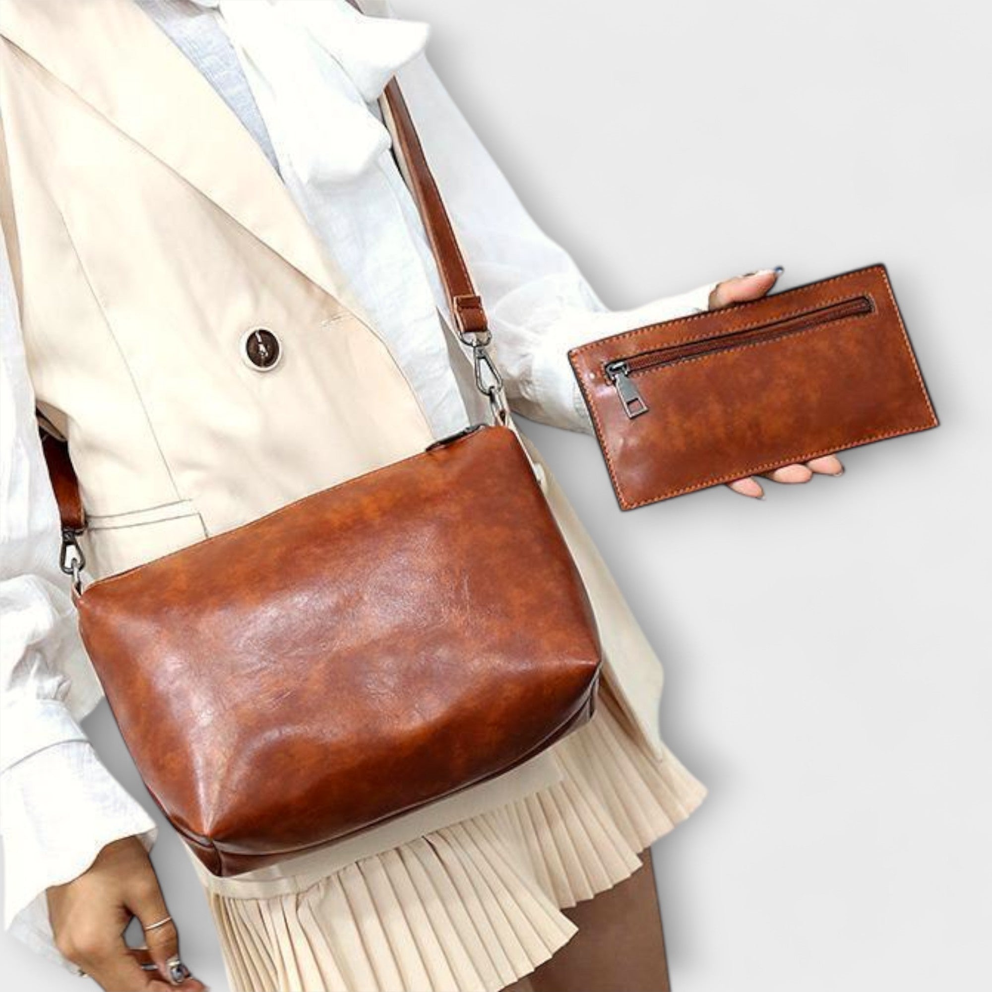 Bagvana | 4-delige vintage lederen tassen set – handtas, schoudertas, portemonnee en etui voor dames