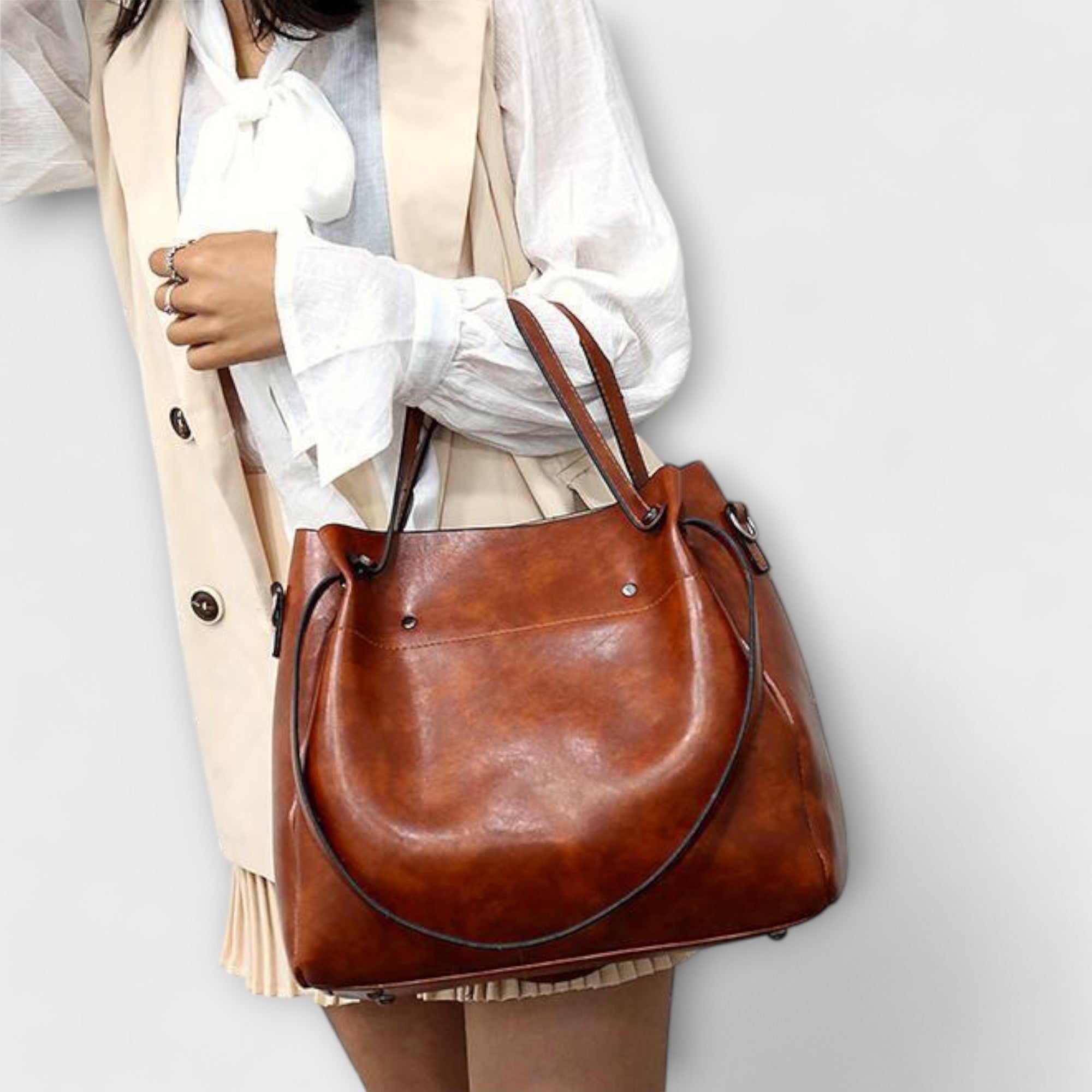 Bagvana | 4-delige vintage lederen tassen set – handtas, schoudertas, portemonnee en etui voor dames