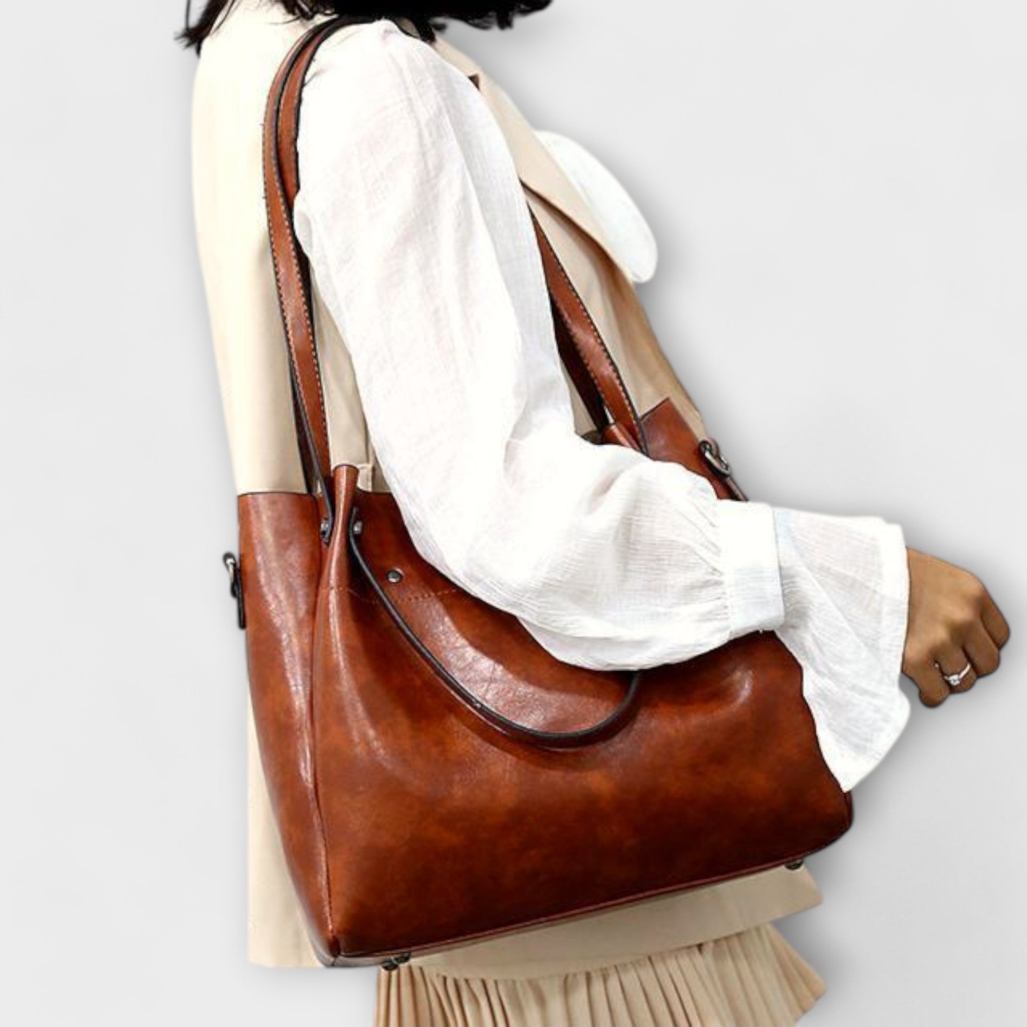 Bagvana | 4-delige vintage lederen tassen set – handtas, schoudertas, portemonnee en etui voor dames