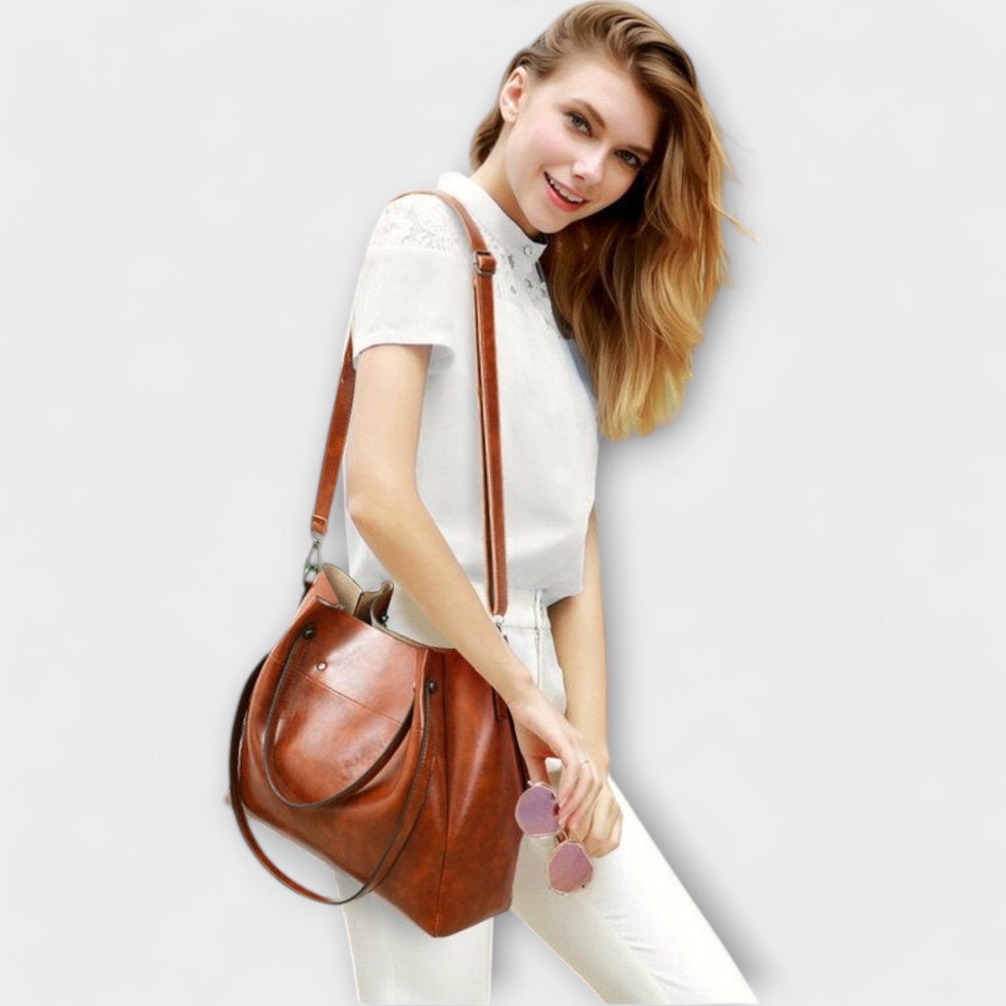 Bagvana | 4-delige vintage lederen tassen set – handtas, schoudertas, portemonnee en etui voor dames