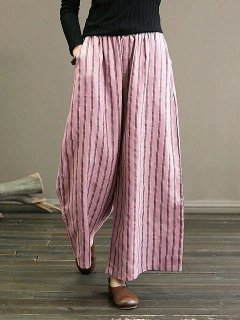 Tula | Gestreepte wijde linnen broek voor dames - Vintage zomerbroek