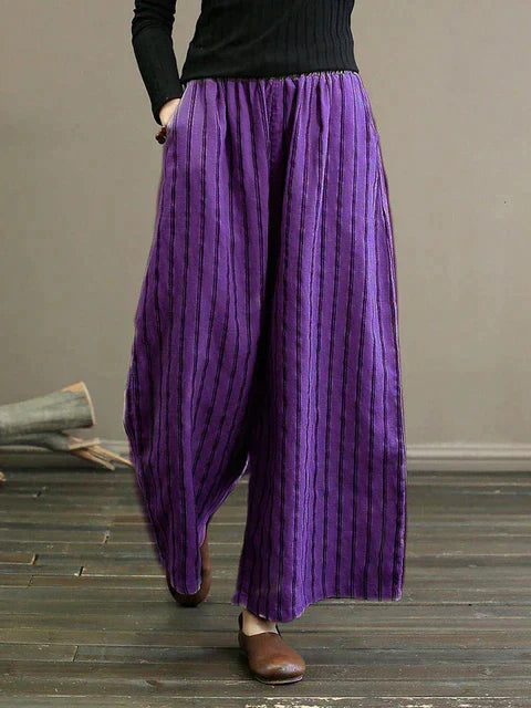 Tula | Gestreepte wijde linnen broek voor dames - Vintage zomerbroek
