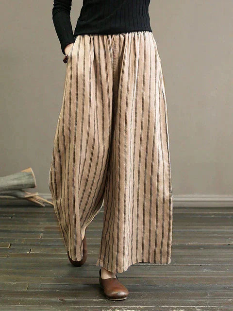 Tula | Gestreepte wijde linnen broek voor dames - Vintage zomerbroek