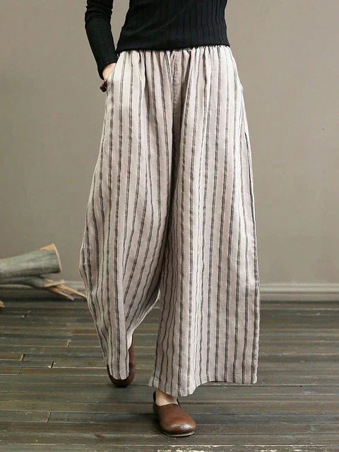 Tula | Gestreepte wijde linnen broek voor dames - Vintage zomerbroek