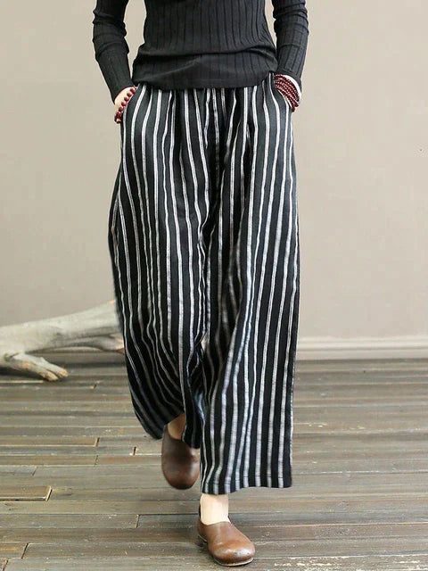 Tula | Gestreepte wijde linnen broek voor dames - Vintage zomerbroek