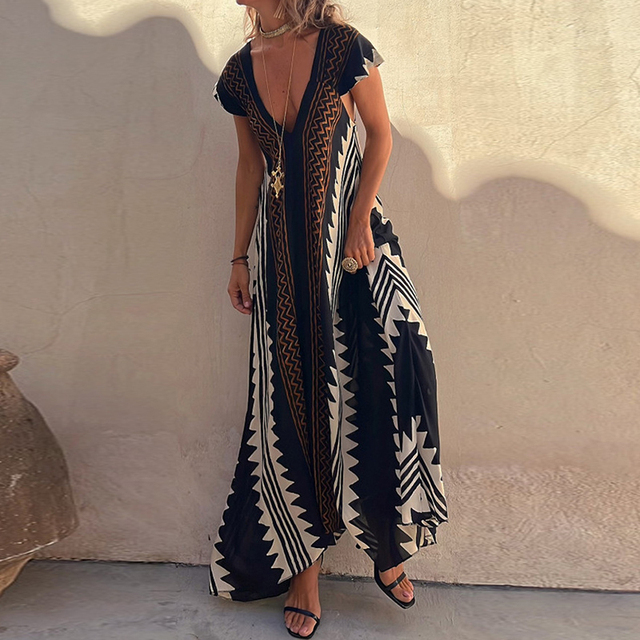 Valindrae | Boho geometrische print maxi-jurk zonder mouwen - Vloeiend, oversized, zomer strand & vrijetijdskleding