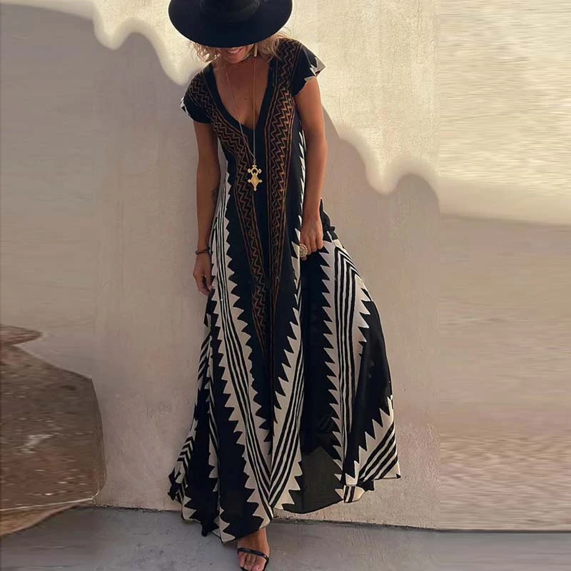Valindrae | Boho geometrische print maxi-jurk zonder mouwen - Vloeiend, oversized, zomer strand & vrijetijdskleding