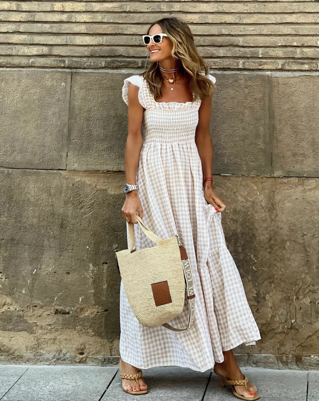 Klarisse | Women's Smocked Gingham Maxi Dress with Ruffle Sleeves, Sleeveless Summer Casual Dress