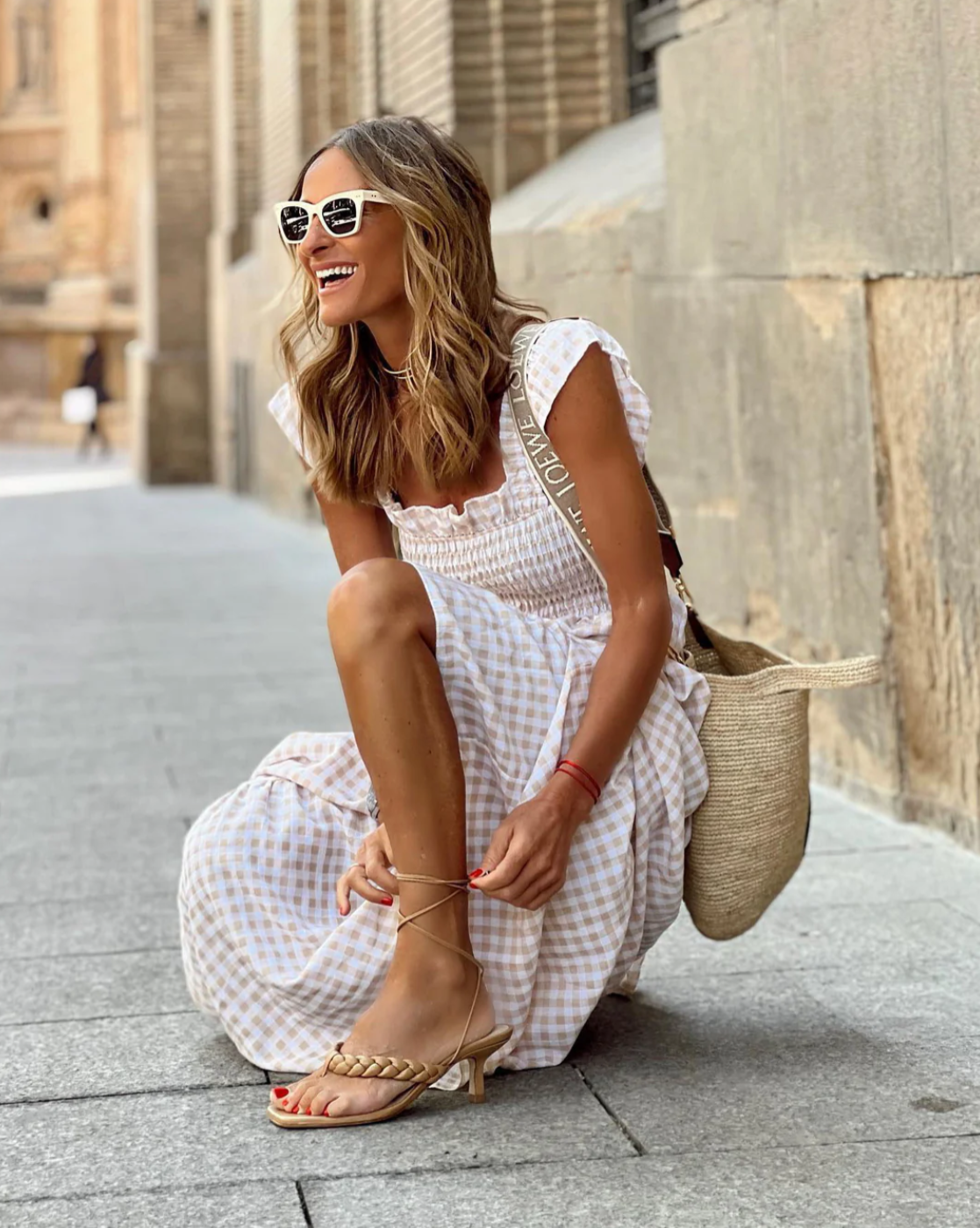 Klarisse | Women's Smocked Gingham Maxi Dress with Ruffle Sleeves, Sleeveless Summer Casual Dress