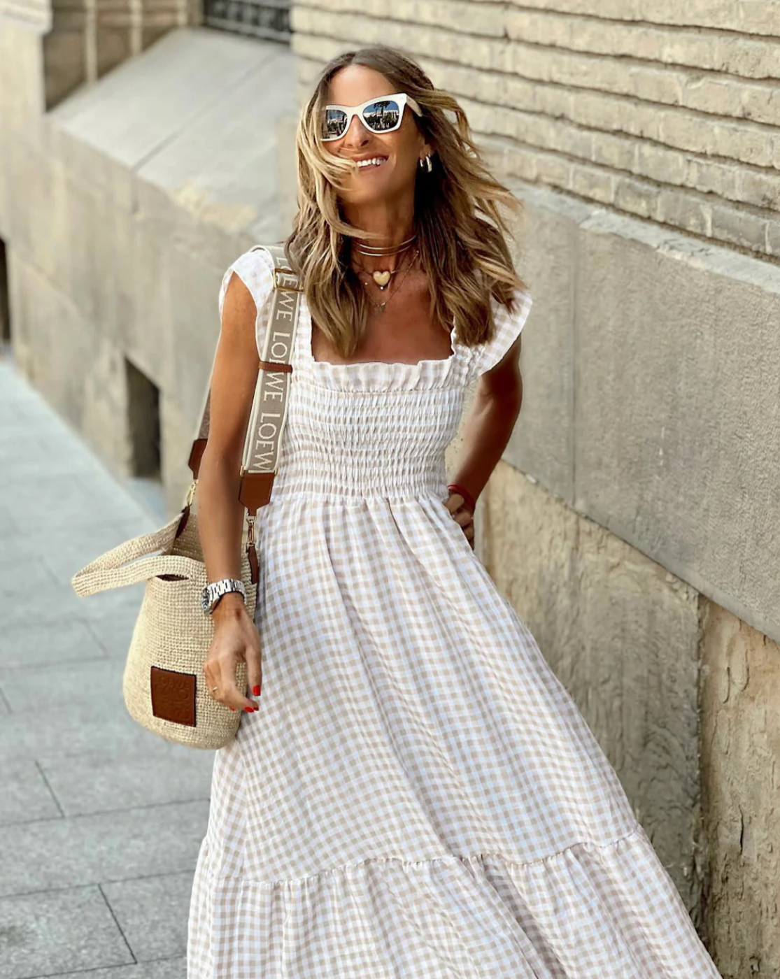 Klarisse | Women's Smocked Gingham Maxi Dress with Ruffle Sleeves, Sleeveless Summer Casual Dress