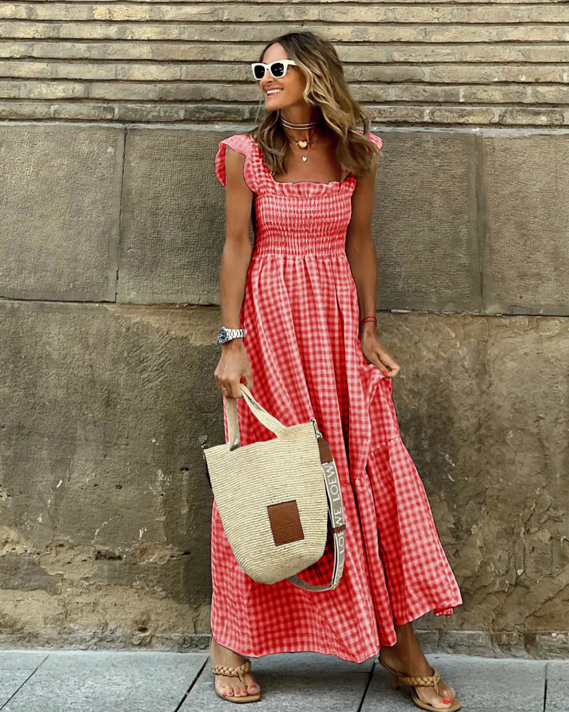 Klarisse | Women's Smocked Gingham Maxi Dress with Ruffle Sleeves, Sleeveless Summer Casual Dress