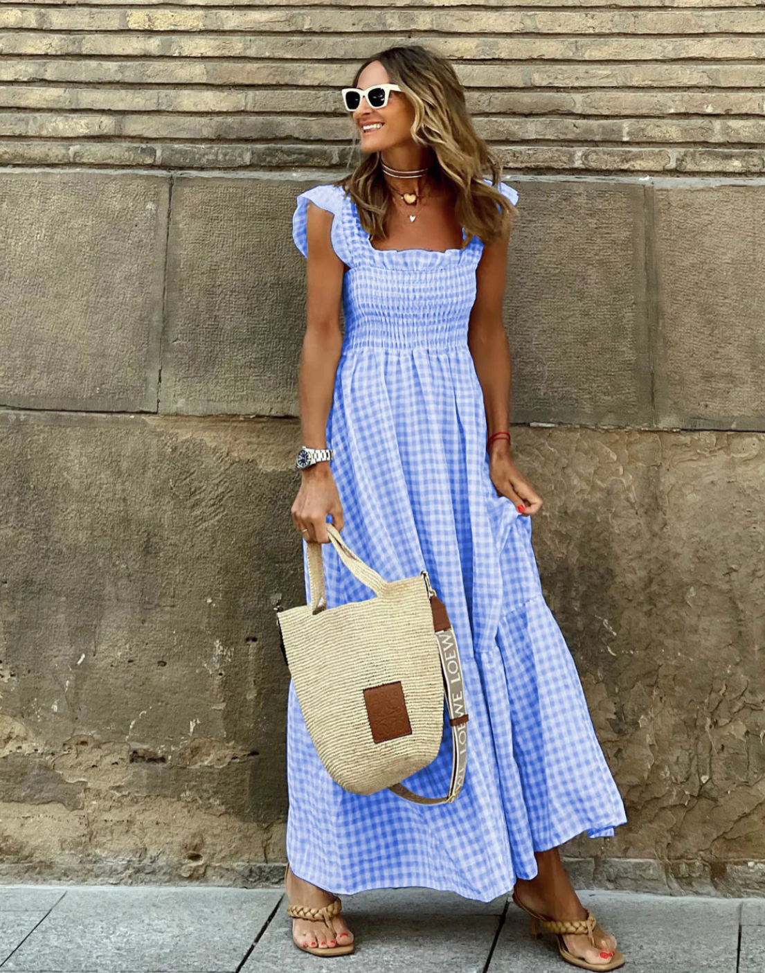 Klarisse | Women's Smocked Gingham Maxi Dress with Ruffle Sleeves, Sleeveless Summer Casual Dress