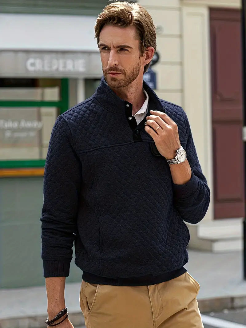 Lykka | Heren sweater met gewatteerde opstaande kraag en halve knopen – Casual herfst-wintertrui