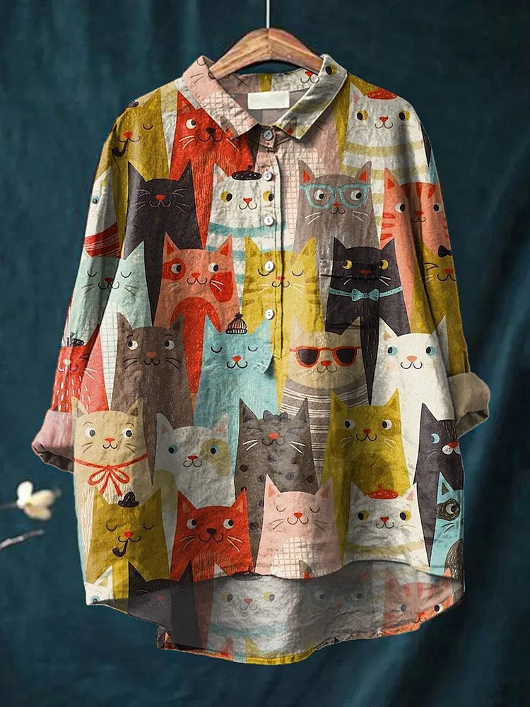 Elza | Oversized Damesshirt met Hondenkunst print - Lange Mouw Katoenen Casual Blouse