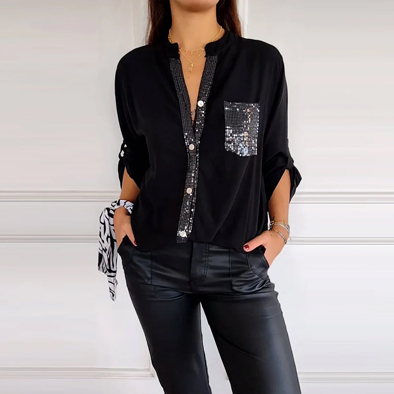 Stella | Elegante Pailletten Blouse - Casual Knoopsluiting Top met Verstelbare Manchetten