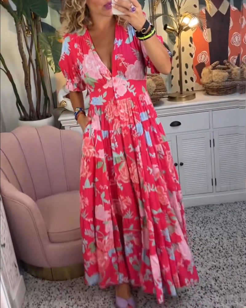 Gyvessa | Vrouwen V-hals Bloemige Maxi Jurk- Vloeiend, Casual Jurk