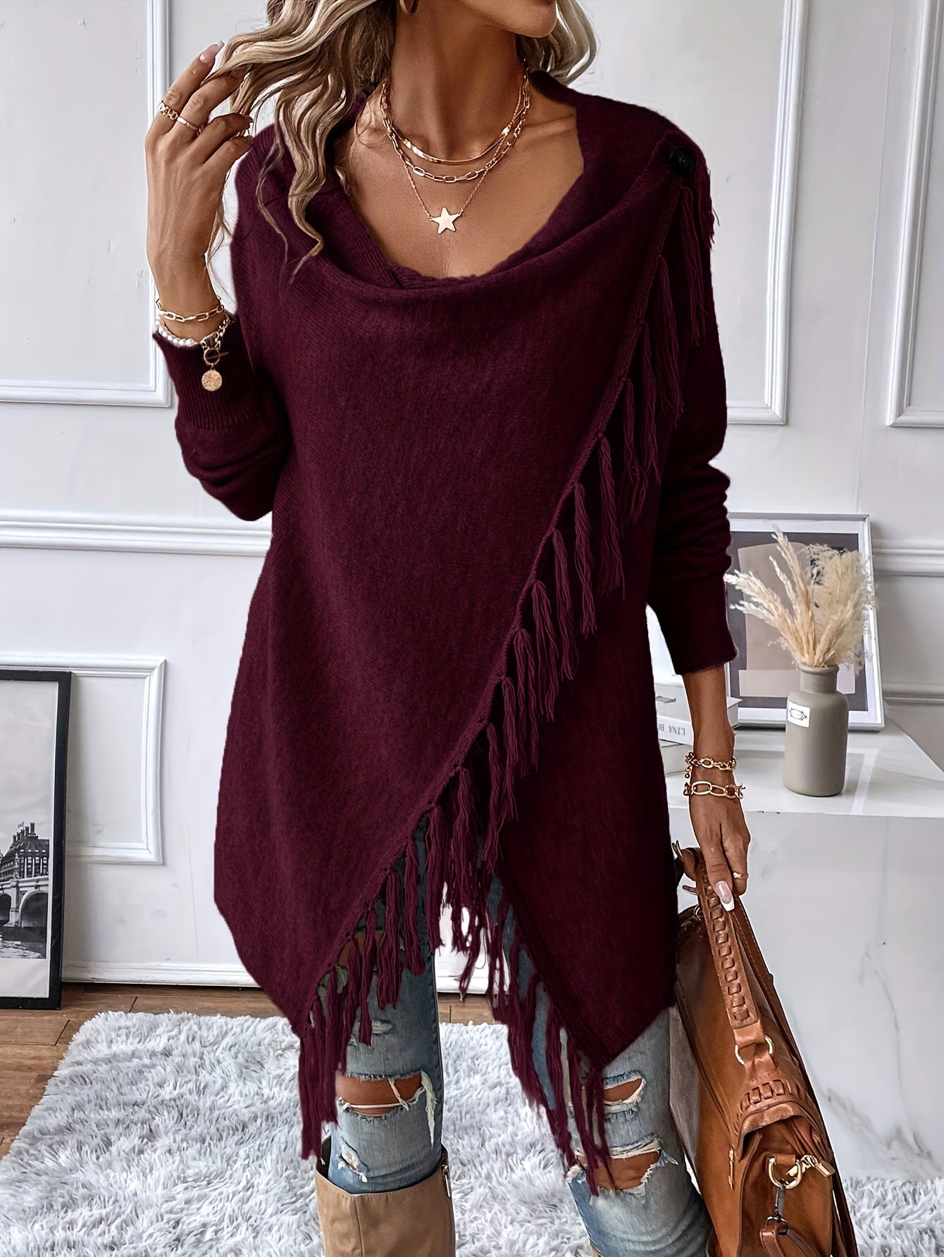 Wenja | Dames sjaal met franjes en kwastjes – Elegante gedrapeerde sjaal voor herfst- en winteroutfits