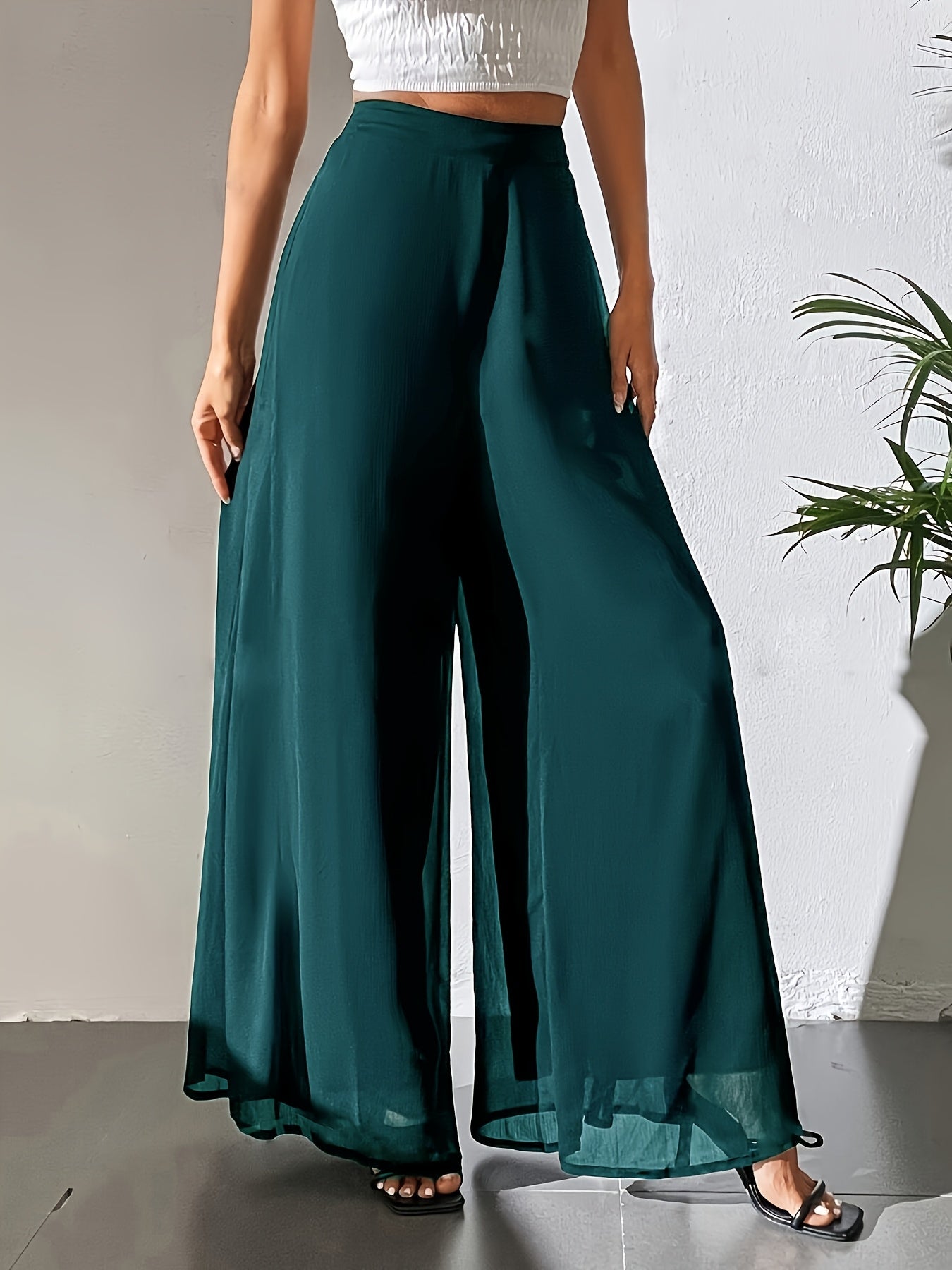 Maurelle | Hoge taille chiffon broek met wijde pijpen voor dames – Uitlopend, transparante mesh overlay