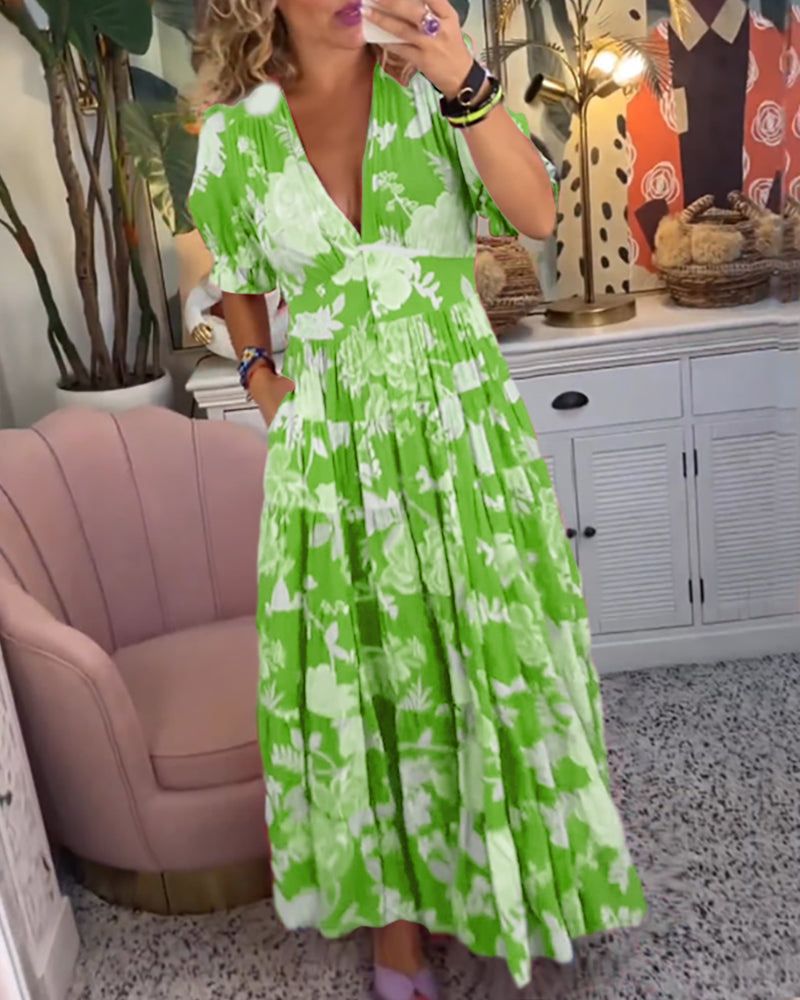 Gyvessa | Vrouwen V-hals Bloemige Maxi Jurk- Vloeiend, Casual Jurk