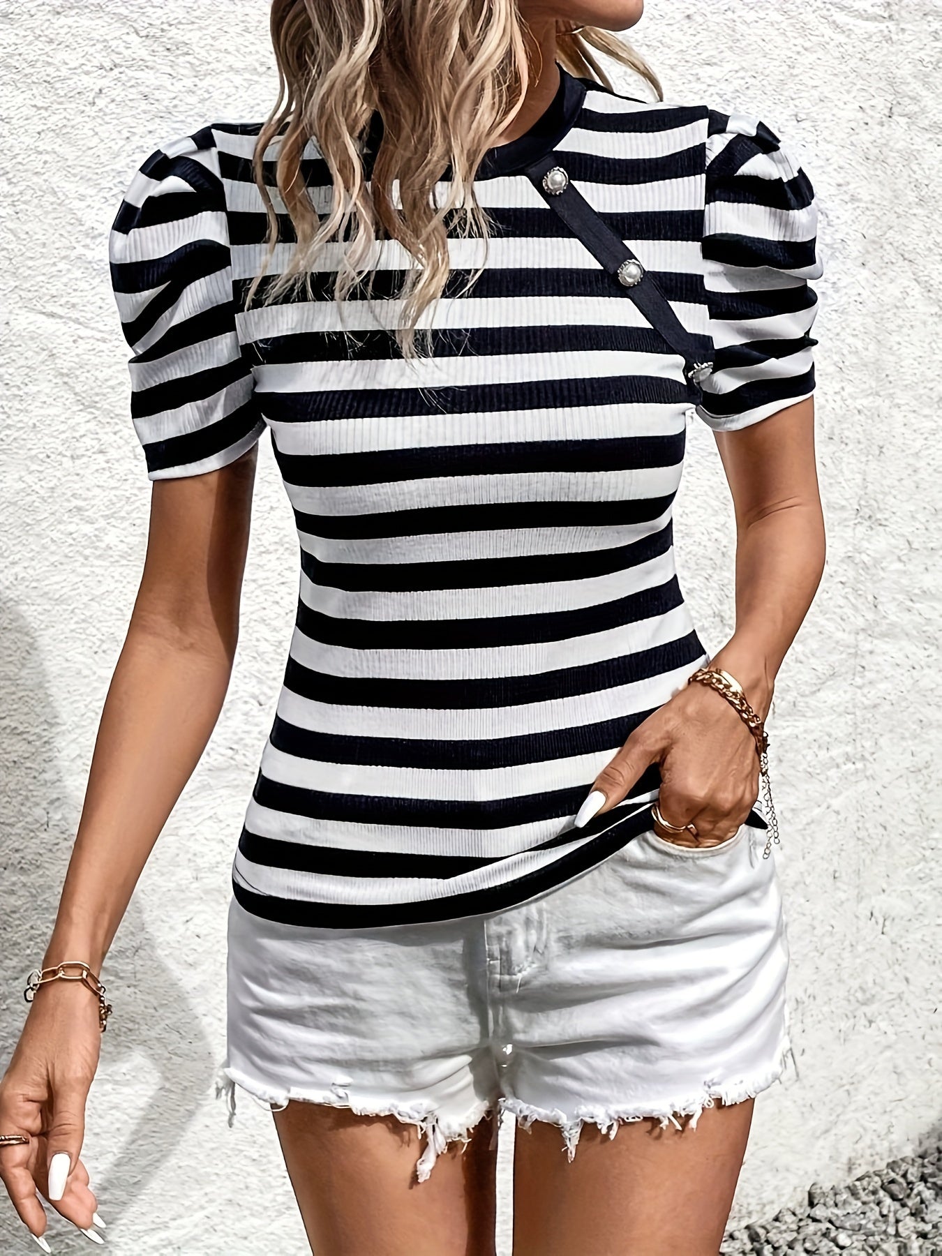 Sidonie | Gestreept T-shirt voor dames - Casual, korte mouwen, gebreide top voor dagelijks gebruik