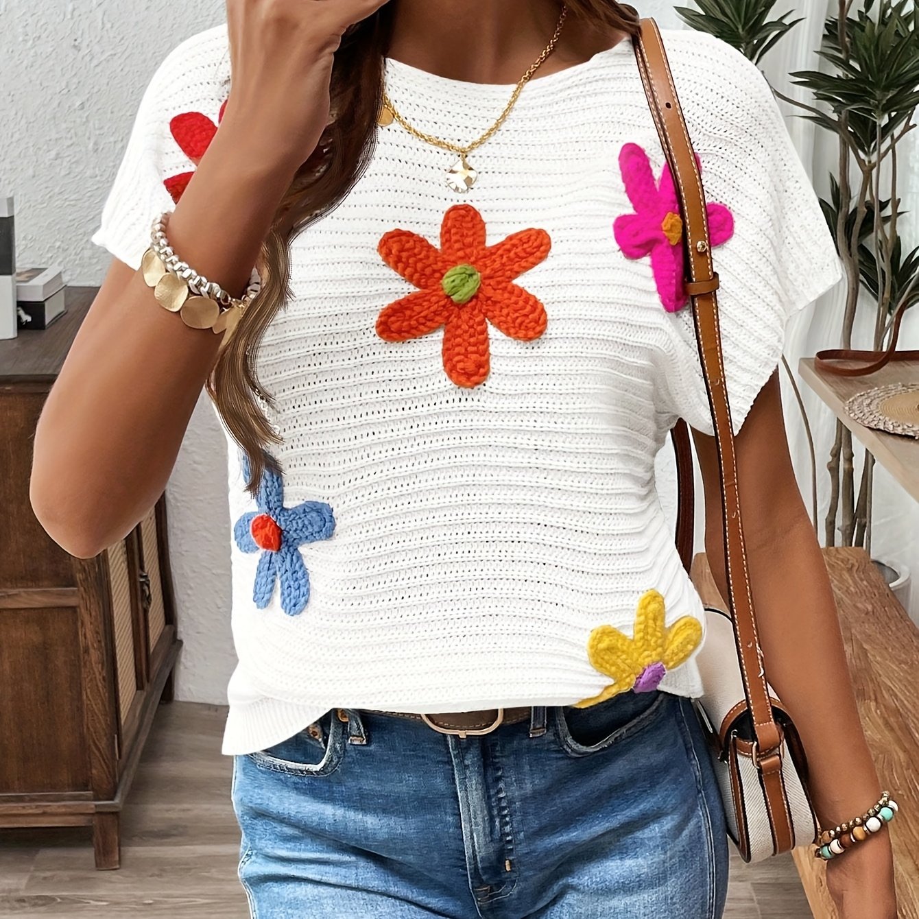 Ozara | Geborduurde damesblouse met 3D bloemen - Elegante gebreide viscose top