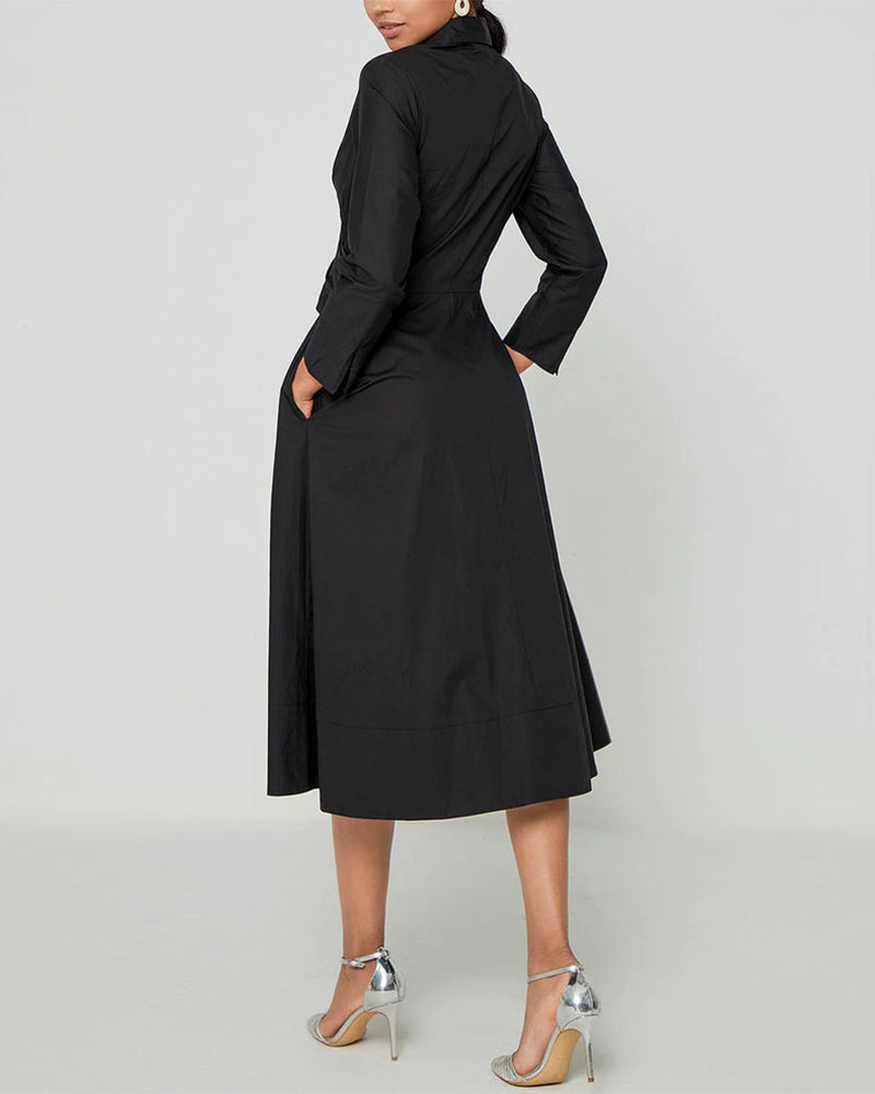 Ysolith | Elegante overhemdjurk voor dames - lange mouwen, gekruiste voorkant, midi-jurk met zakken