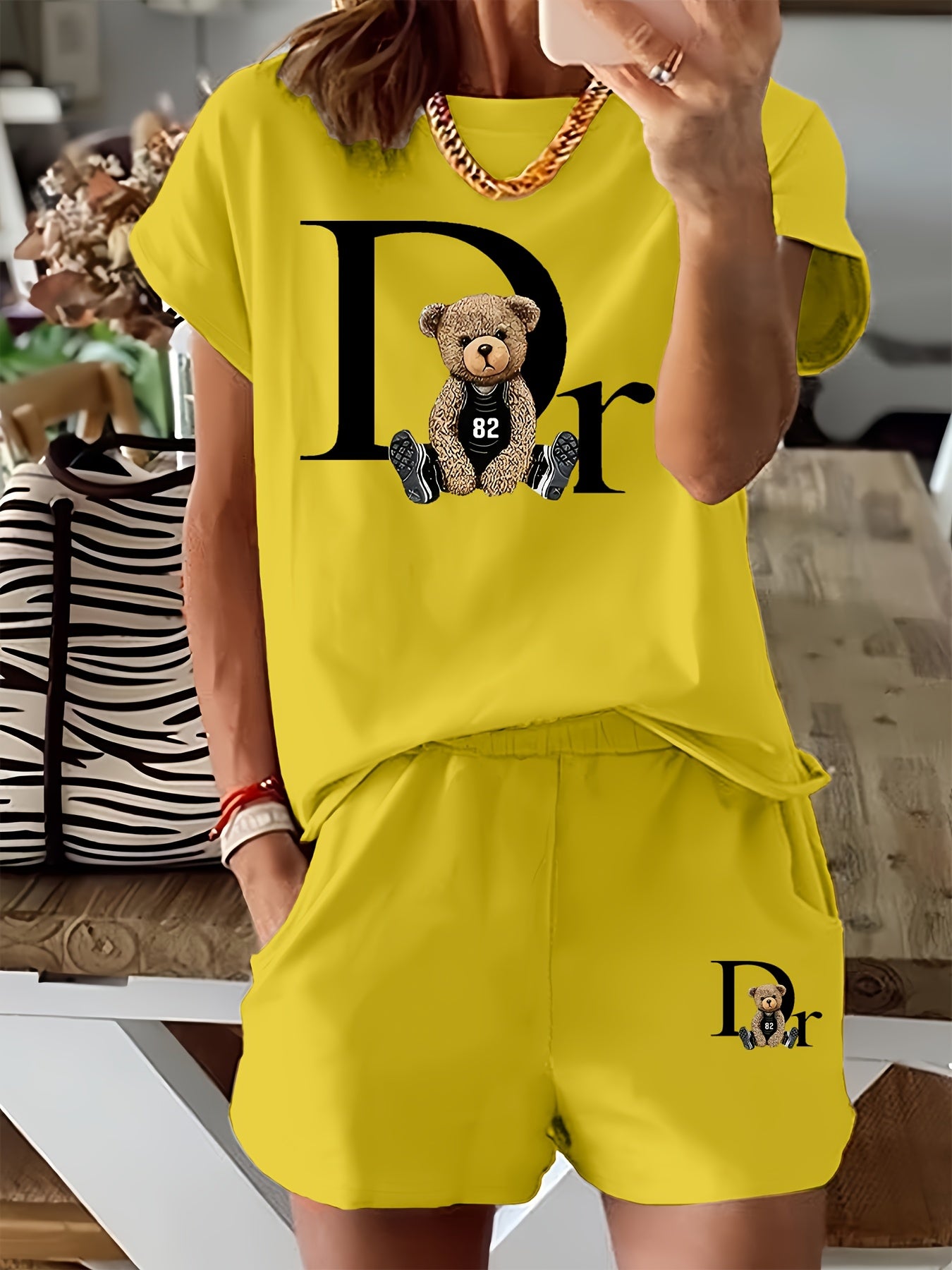 Delora | Dames 2-delige set met grafische print - T-shirt met korte mouwen & koordshort