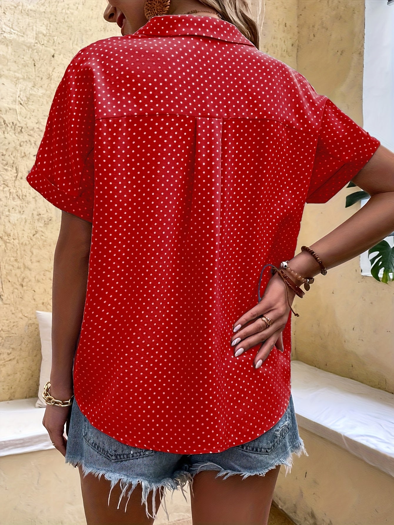 Cvetka | Blouse met polka dot - Korte mouwen shirt met knoopsluiting voor
