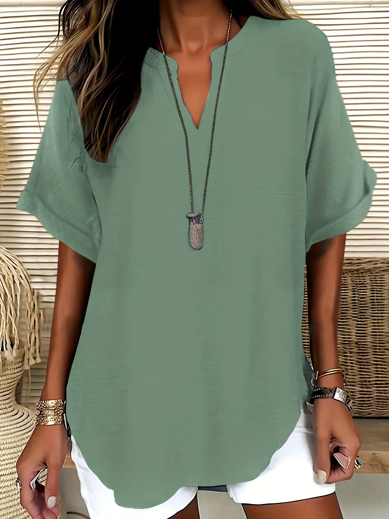 Elaria | Vrouwen V-Hals Blouse - Effen Kleur Losjes-Fit Korte Mouw Top