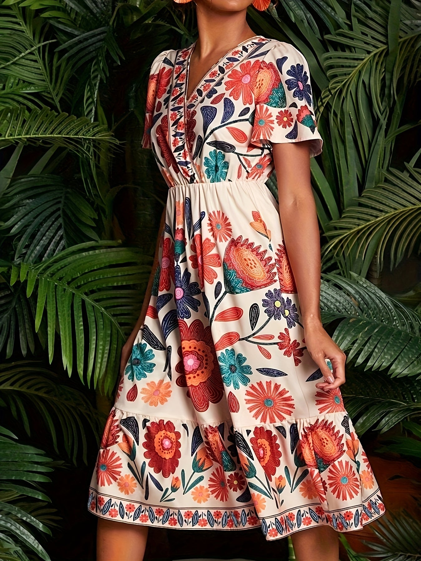 Lenka | Damesjurk met bloemenprint, V-hals, vlindermouwen, A-lijn en ruche onderaan